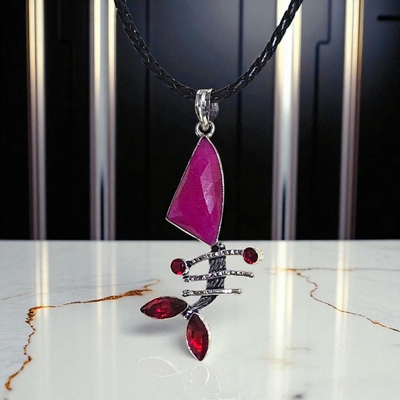 🆕Boho Luxe Ruby Garnet Pendant Necklace Handmade S925 with PU Leather Cord - Picture 9 of 12